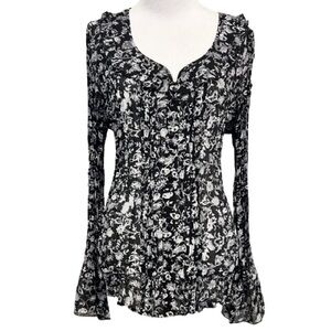 Vintage Y2K Button Down Pleated Blouse Bell Sleeve Sheer Whimsigoth Top Size L